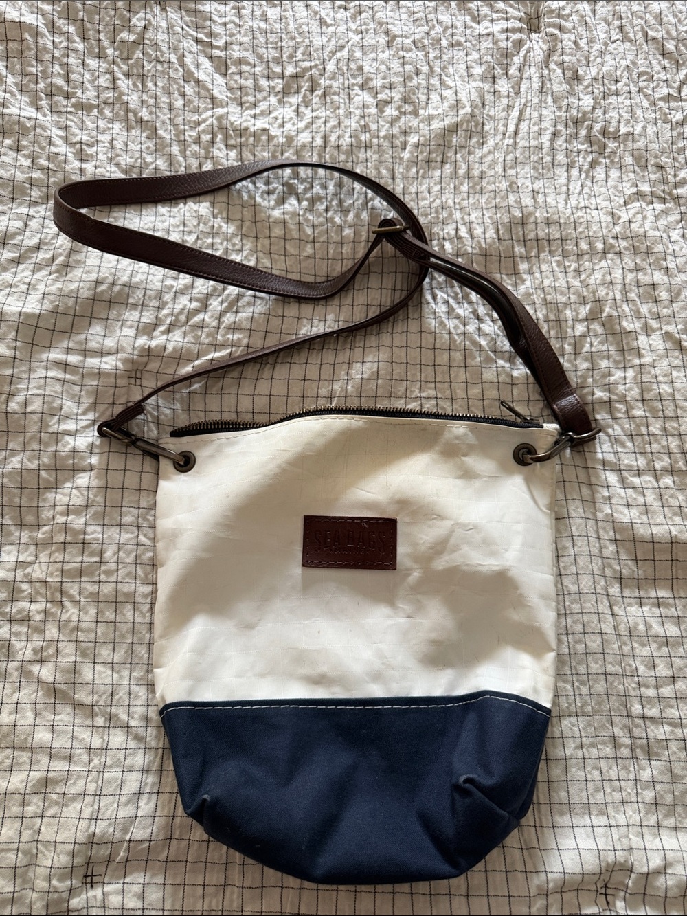 Sea Bags White and Navy Crossbody Bag with Leather Strap